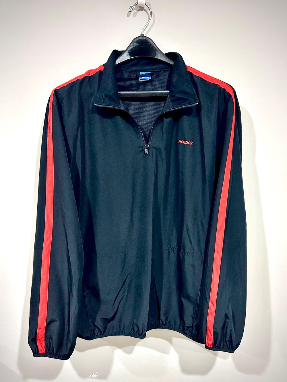 Vintage 90s Reebok Black Windbreaker with Red Shoulder and Sleeve Stripes